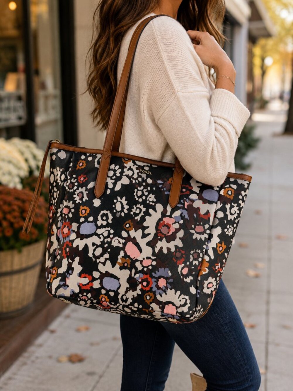 Fossil Sydney Tote Shoulder Bag Black Multi Floral Coated Canvas EUC